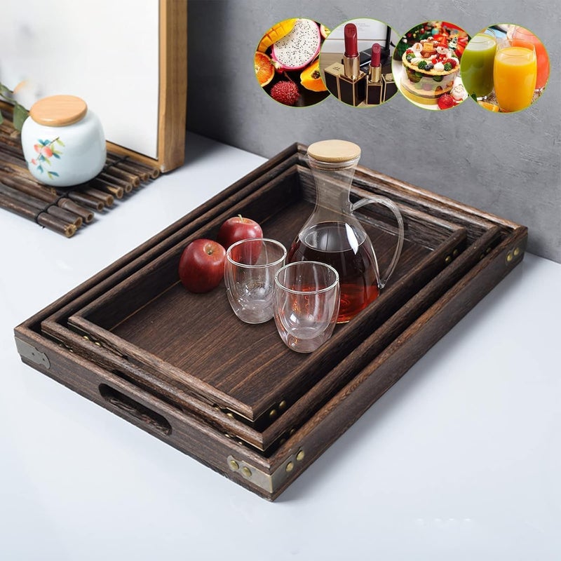 NIUB Wooden Serving Trays, 3Pcs Wooden Tray with Handles, Rustic Vintage Food Serving Trays, Square Decorative Wooden Serving Trays for Breakfast, Coffee, Tea, Dining Room, Party, Table Centerpieces Decor - Image 2