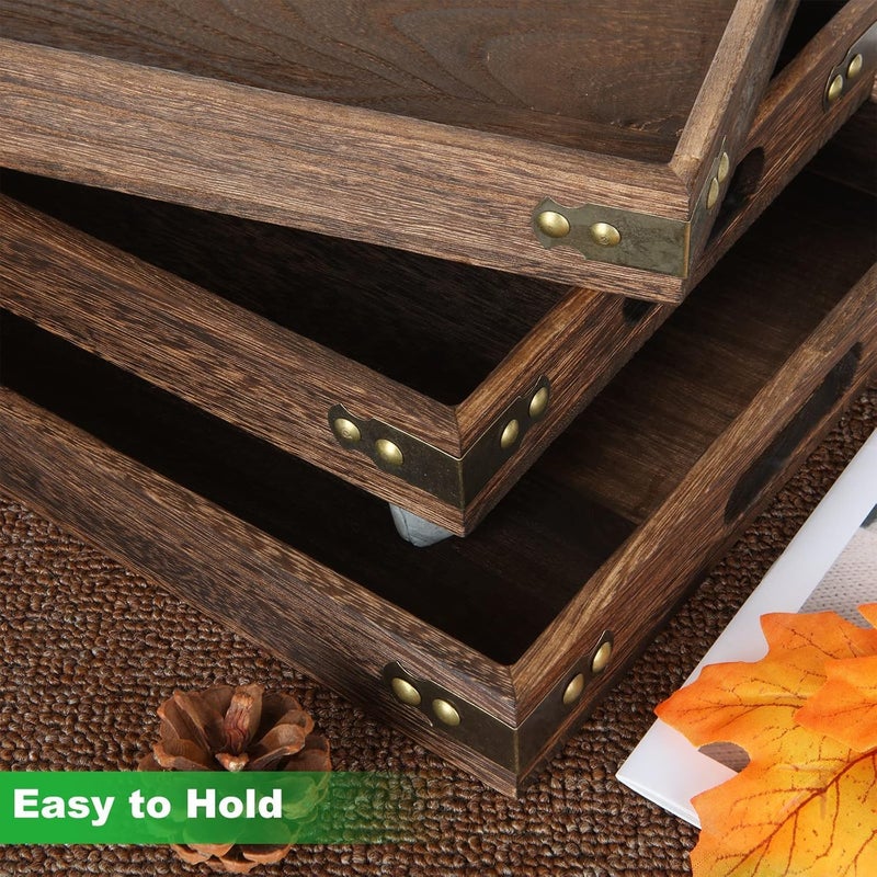 NIUB Wooden Serving Trays, 3Pcs Wooden Tray with Handles, Rustic Vintage Food Serving Trays, Square Decorative Wooden Serving Trays for Breakfast, Coffee, Tea, Dining Room, Party, Table Centerpieces Decor - Image 5