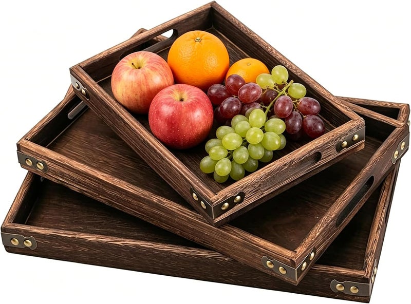NIUB Wooden Serving Trays, 3Pcs Wooden Tray with Handles, Rustic Vintage Food Serving Trays, Square Decorative Wooden Serving Trays for Breakfast, Coffee, Tea, Dining Room, Party, Table Centerpieces Decor - Image 1