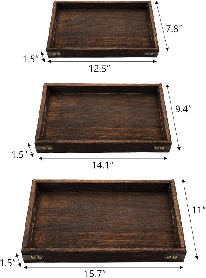 NIUB Wooden Serving Trays, 3Pcs Wooden Tray with Handles, Rustic Vintage Food Serving Trays, Square Decorative Wooden Serving Trays for Breakfast, Coffee, Tea, Dining Room, Party, Table Centerpieces Decor - Image 3