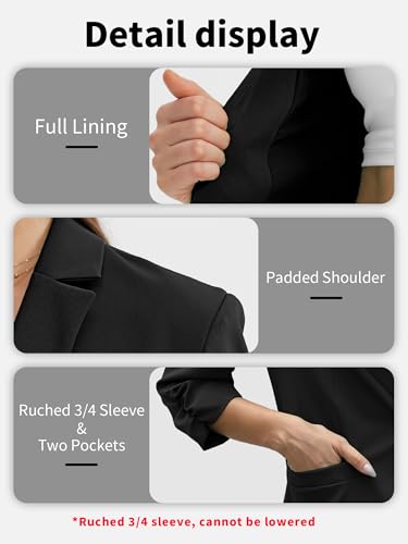ELLEVEN Womens Blazer Business Casual Suit Jacket Slim Fit Fitted Ruched 3/4 Sleeve Petite Crop Blazer Dressy Full Lining Lightweight Outfits Coat Cardigan with Padded Shoulder Black Medium - Image 5