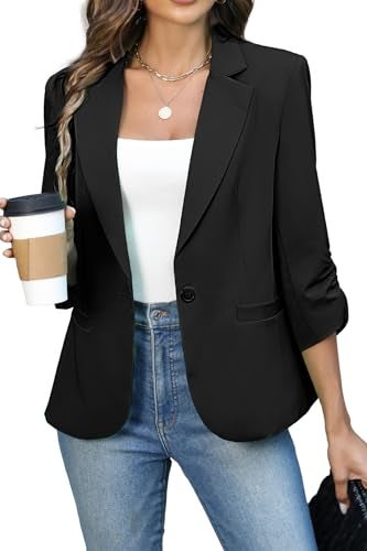 ELLEVEN Womens Blazer Business Casual Suit Jacket Slim Fit Fitted Ruched 3/4 Sleeve Petite Crop Blazer Dressy Full Lining Lightweight Outfits Coat Cardigan with Padded Shoulder Black Medium - Image 1
