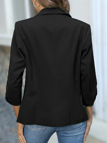 ELLEVEN Womens Blazer Business Casual Suit Jacket Slim Fit Fitted Ruched 3/4 Sleeve Petite Crop Blazer Dressy Full Lining Lightweight Outfits Coat Cardigan with Padded Shoulder Black Medium - Image 3
