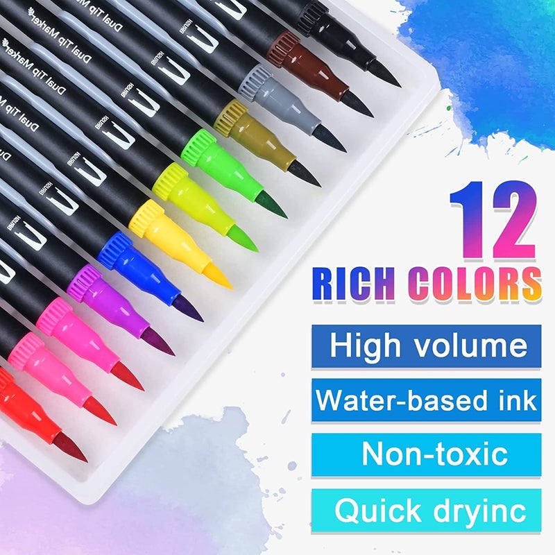 Corslet أقلام فرشاة كورسلت ذات طرفين 12 لون مجموعة أقلام تلوين رفيعة وفرشاة لأغراض الرسم والتخطيط مع دفتر ورق ماركر 200 جرام - Image 2