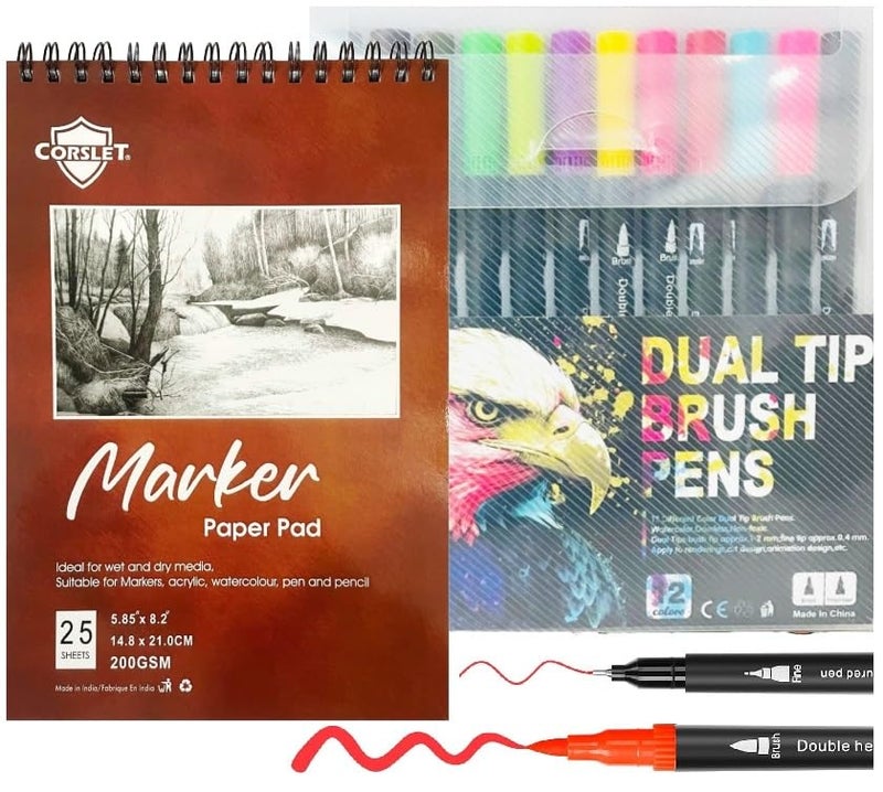 Corslet أقلام فرشاة كورسلت ذات طرفين 12 لون مجموعة أقلام تلوين رفيعة وفرشاة لأغراض الرسم والتخطيط مع دفتر ورق ماركر 200 جرام - Image 1