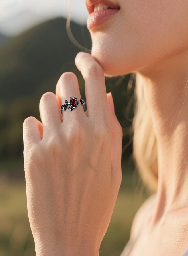 POPLYKE Rose Flower Rings 925 Sterling Silver Black Rose Adjustable Rings With Red Cubic Zirconia For Women Promise Ring For Wife - Image 4