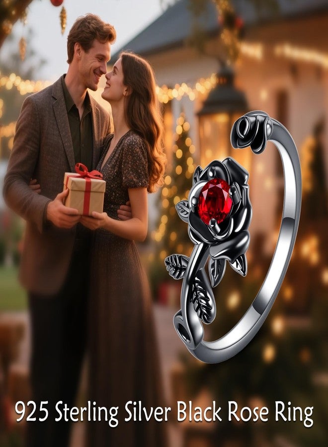 POPLYKE Rose Flower Rings 925 Sterling Silver Black Rose Adjustable Rings With Red Cubic Zirconia For Women Promise Ring For Wife - Image 2