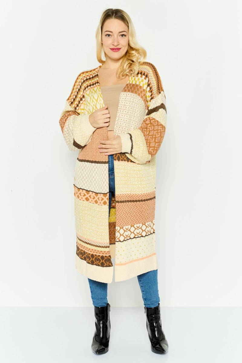 Black Tape Women Split Neck Knitted Cardigans, Beige - Image 1