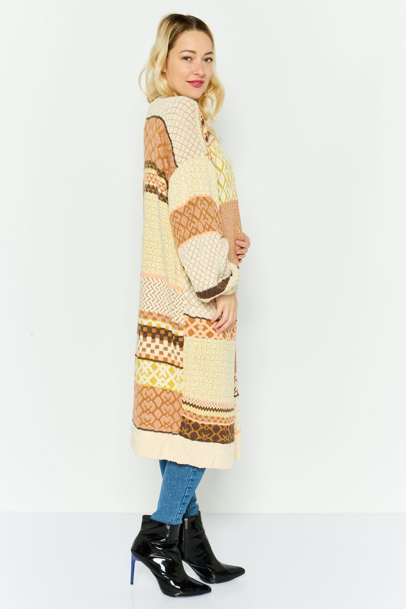 Black Tape Women Split Neck Knitted Cardigans, Beige - Image 4