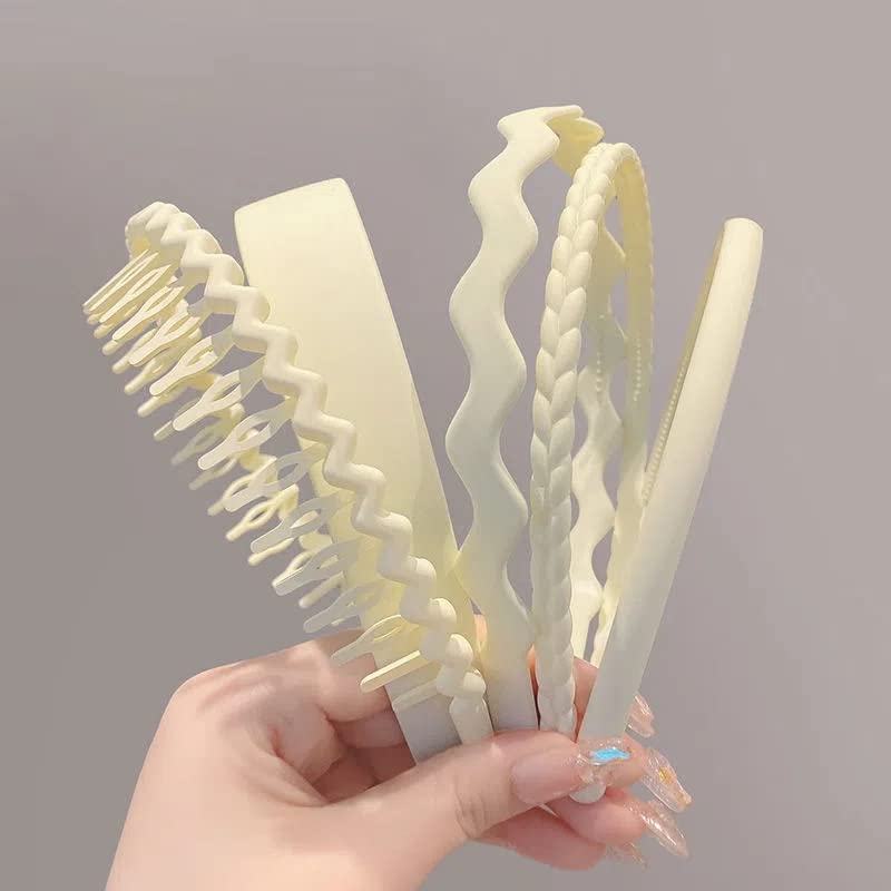 5PCS Non Slip Plastic Headbands for Women and Girls Wide Head Bands with Teeth Black Blue White Coffee Pink Green Hair Bands Beige