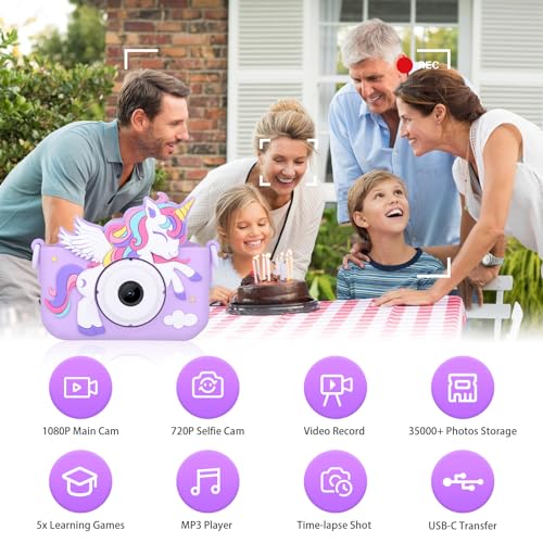 Envyvip Unicorn Toys Camera for Kids Girls Age 38 Toddler Kids Digital Camera Christmas Birthday Gifts for 3 4 5 6 7 8 Years Old Girl Cute Selfie Video Camera HD 1080P 32GB SD Card Purple - Image 5