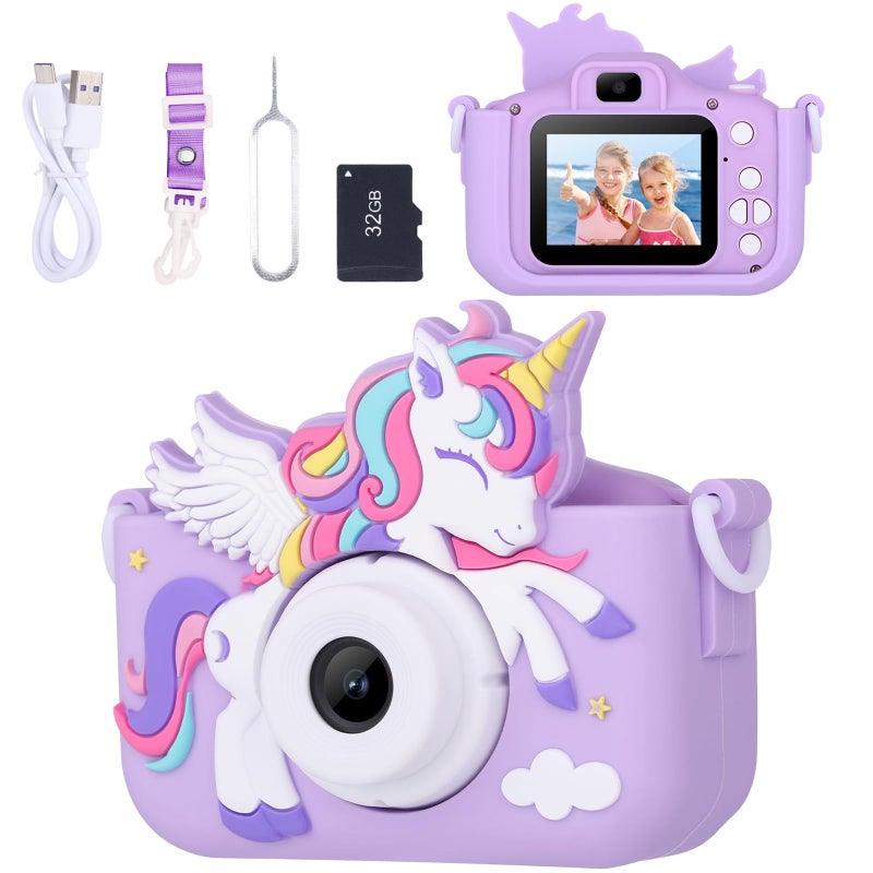 Envyvip Unicorn Toys Camera for Kids Girls Age 38 Toddler Kids Digital Camera Christmas Birthday Gifts for 3 4 5 6 7 8 Years Old Girl Cute Selfie Video Camera HD 1080P 32GB SD Card Purple - Image 2