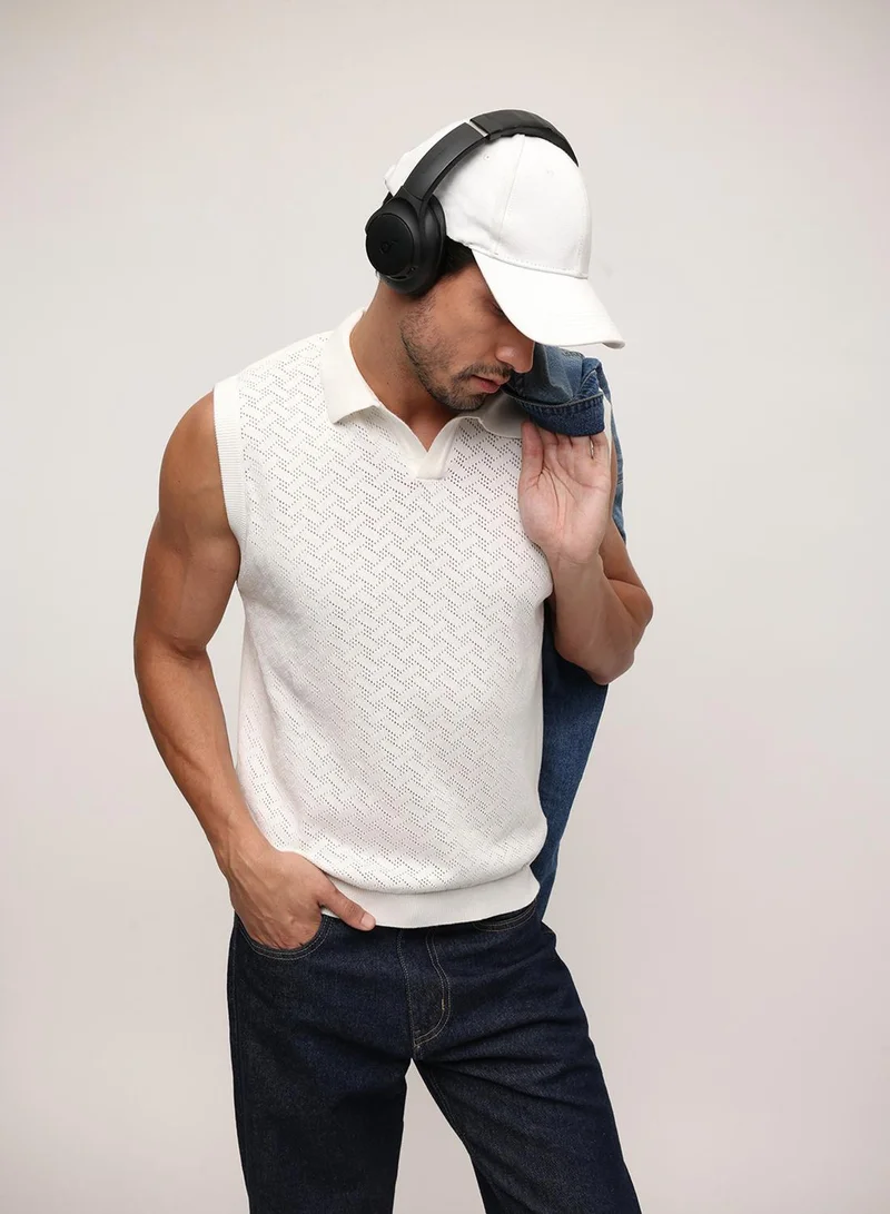 Dennis Lingo Off White 100% Cotton Textured Relaxed Polo T-Shirt For Men