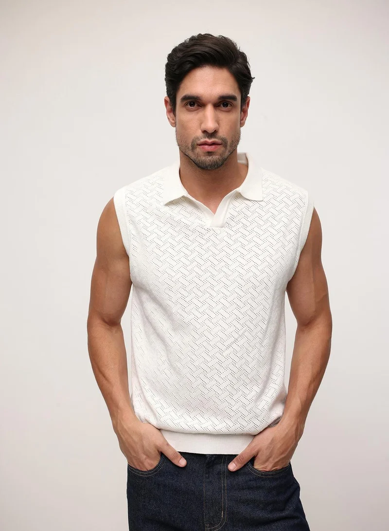 Dennis Lingo Off White 100% Cotton Textured Relaxed Polo T-Shirt For Men