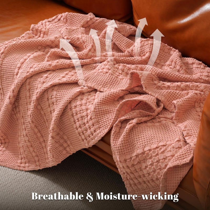 PHF 100% Cotton Waffle Weave Throw Blanket (127 cm x 152 cm), Soft Lightweight Breathable Cozy Summer Throws for Couch Bed Sofa, Luxury Aesthetic Woven Blanket for Home Decor & Office, Canyon Clay (salmon pink color) - Image 3