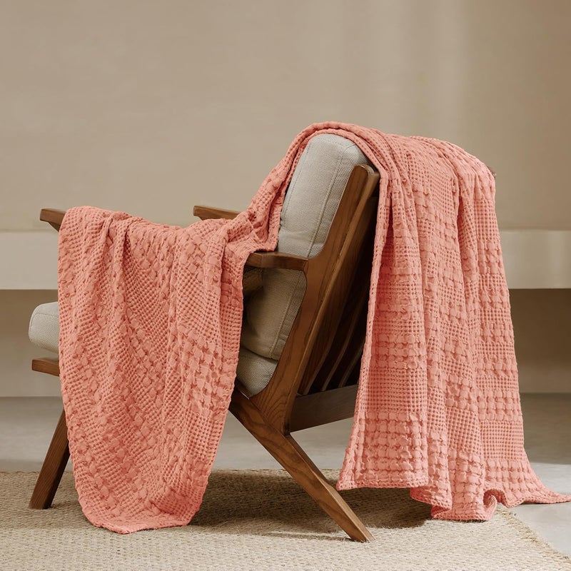 PHF 100% Cotton Waffle Weave Throw Blanket (127 cm x 152 cm), Soft Lightweight Breathable Cozy Summer Throws for Couch Bed Sofa, Luxury Aesthetic Woven Blanket for Home Decor & Office, Canyon Clay (salmon pink color) - Image 1