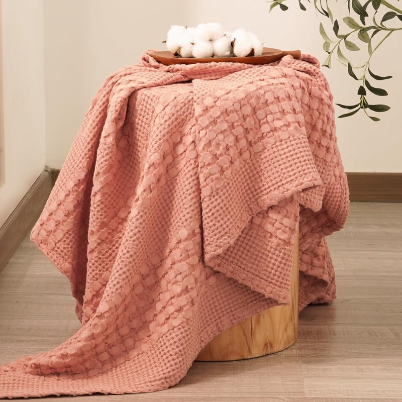 PHF 100% Cotton Waffle Weave Throw Blanket (127 cm x 152 cm), Soft Lightweight Breathable Cozy Summer Throws for Couch Bed Sofa, Luxury Aesthetic Woven Blanket for Home Decor & Office, Canyon Clay (salmon pink color) - Image 4