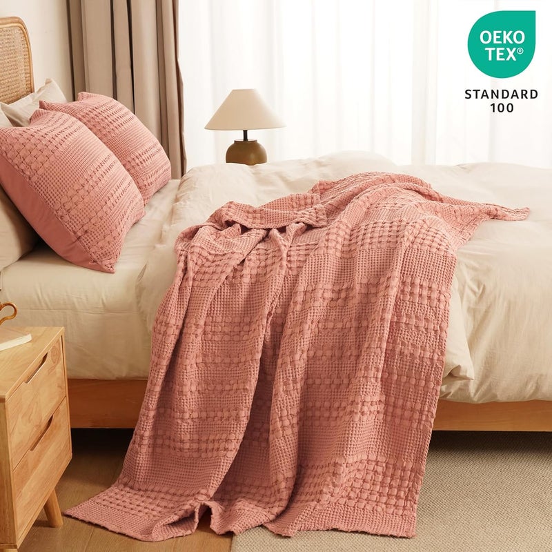 PHF 100% Cotton Waffle Weave Throw Blanket (127 cm x 152 cm), Soft Lightweight Breathable Cozy Summer Throws for Couch Bed Sofa, Luxury Aesthetic Woven Blanket for Home Decor & Office, Canyon Clay (salmon pink color) - Image 5