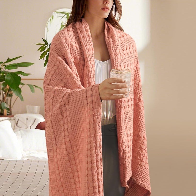 PHF 100% Cotton Waffle Weave Throw Blanket (127 cm x 152 cm), Soft Lightweight Breathable Cozy Summer Throws for Couch Bed Sofa, Luxury Aesthetic Woven Blanket for Home Decor & Office, Canyon Clay (salmon pink color) - Image 2