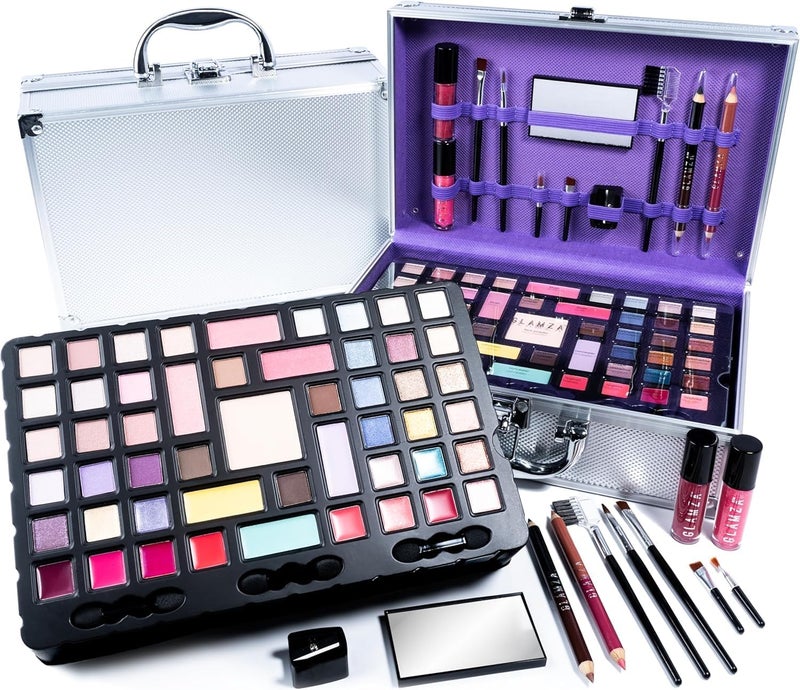 طقم مكياج GLAMZA 68 قطعة طقم مكياج نباتي للنساء والفتيات المراهقات يتضمن حقيبة مكياج من الألمنيوم الفضي، لوحات ظلال العيون، أحمر الشفاه، فرش المكياج والمزيد