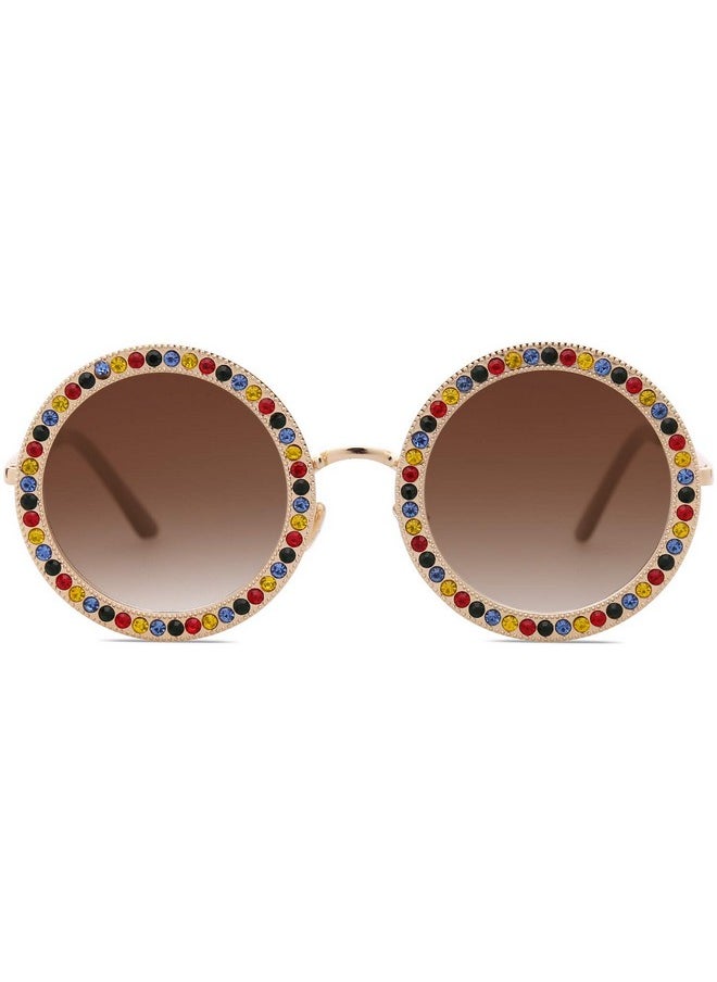 Sojos Shining Oversized Round Rhinestone Sunglasses Festival Gem Sunnies Sj1095 With Gold Frame/Gradient Brown Lens With Colored Diamonds  - Image 2