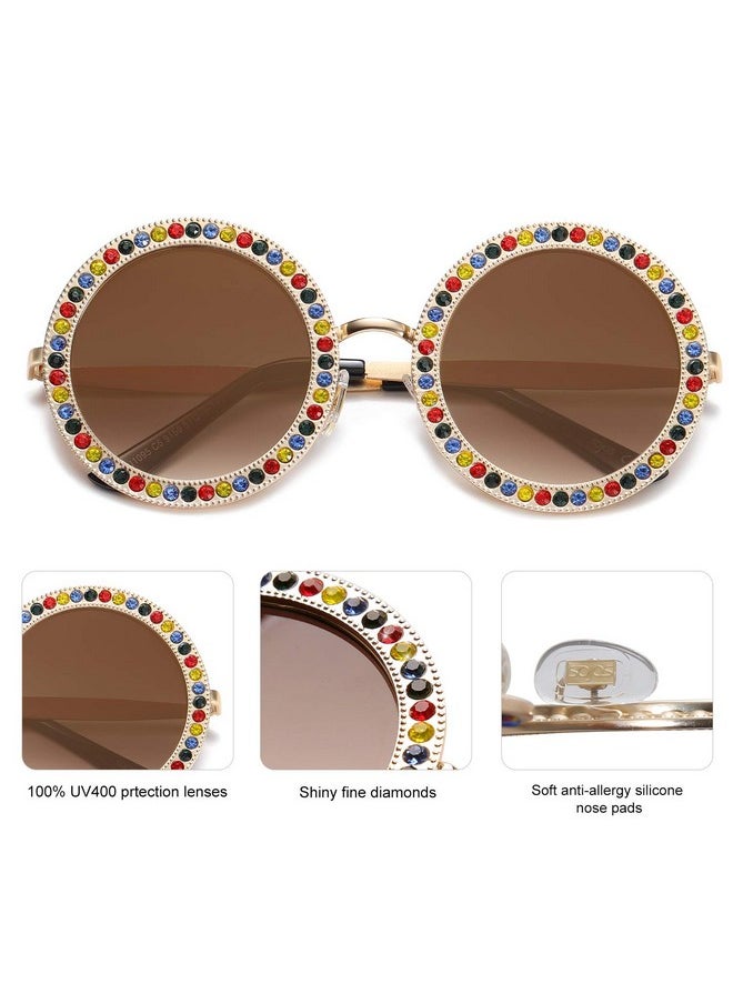 Sojos Shining Oversized Round Rhinestone Sunglasses Festival Gem Sunnies Sj1095 With Gold Frame/Gradient Brown Lens With Colored Diamonds  - Image 3