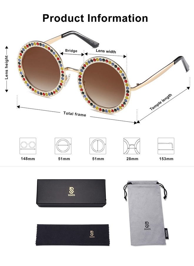 Sojos Shining Oversized Round Rhinestone Sunglasses Festival Gem Sunnies Sj1095 With Gold Frame/Gradient Brown Lens With Colored Diamonds  - Image 4