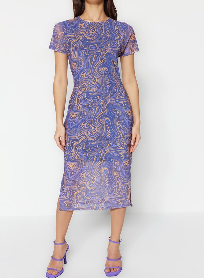 trendyol Blue Printed Short Sleeve Crew Neck Fitted Flexible Midi Tulle Pencil Dress - Image 4