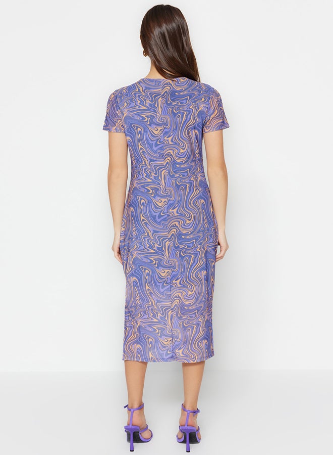 trendyol Blue Printed Short Sleeve Crew Neck Fitted Flexible Midi Tulle Pencil Dress - Image 5