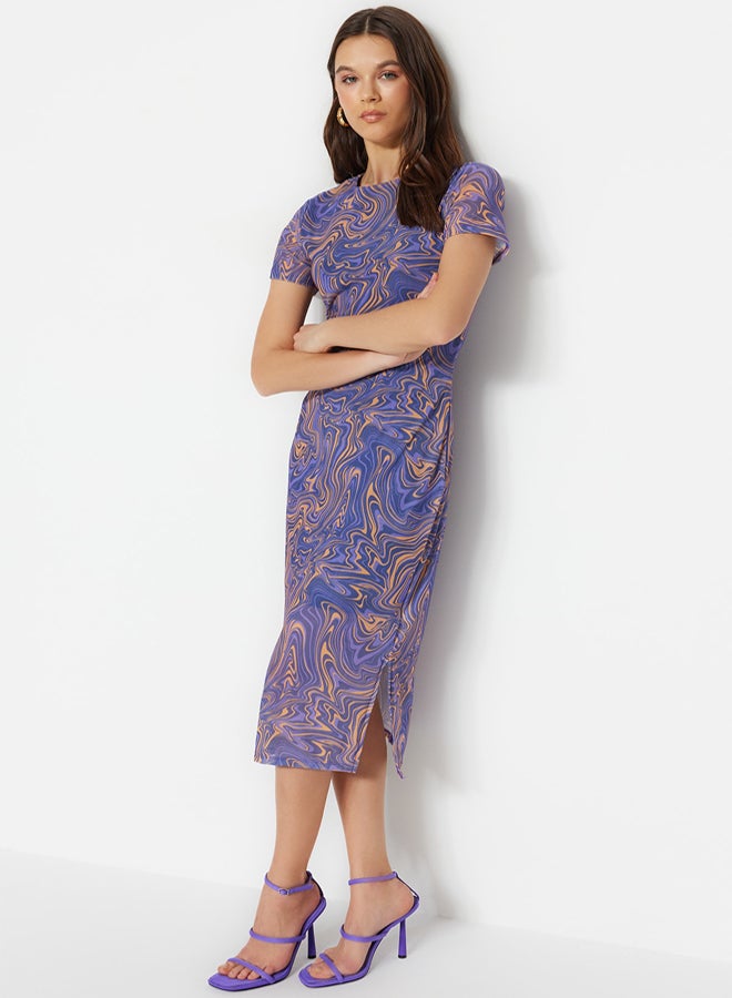 trendyol Blue Printed Short Sleeve Crew Neck Fitted Flexible Midi Tulle Pencil Dress - Image 3