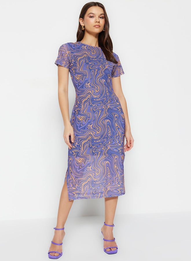 trendyol Blue Printed Short Sleeve Crew Neck Fitted Flexible Midi Tulle Pencil Dress - Image 1