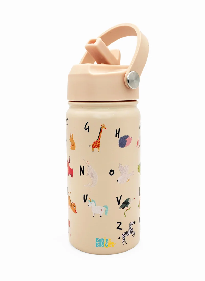 Babies Basic Babies Basic Kids Stainless Steel Water Bottle with Straw - 400ml – Double Wall Vacuum Insulated, Leakproof Thermal Flask, BPA-Free, Reusable Drinking Bottle for School & Travel - English Alphabets Themed - Beige