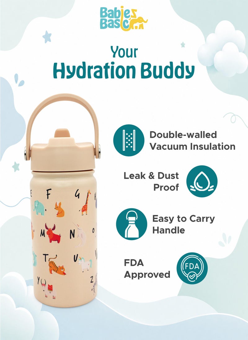 Babies Basic Kids Stainless Steel Water Bottle with Straw - 400ml – Double Wall Vacuum Insulated, Leakproof Thermal Flask, BPA-Free, Reusable Drinking Bottle for School & Travel - English Alphabets Themed - Beige - Image 5
