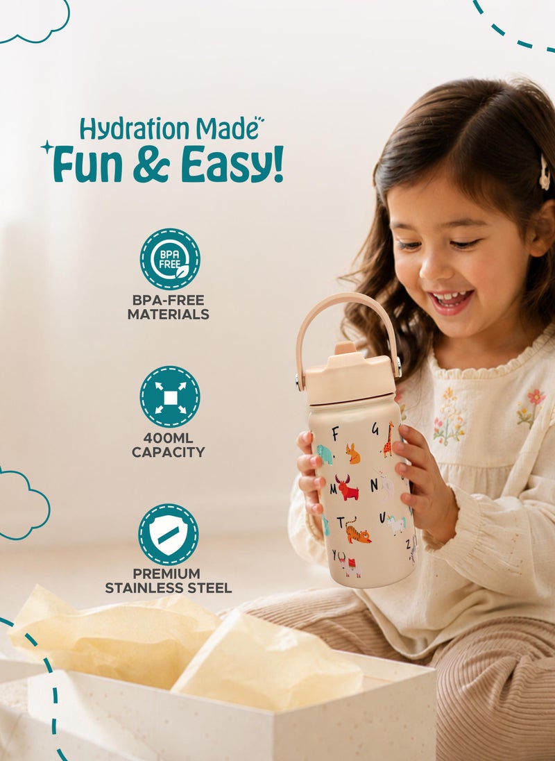 Babies Basic Kids Stainless Steel Water Bottle with Straw - 400ml – Double Wall Vacuum Insulated, Leakproof Thermal Flask, BPA-Free, Reusable Drinking Bottle for School & Travel - English Alphabets Themed - Beige - Image 3
