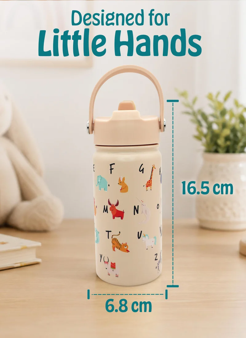 Babies Basic Babies Basic Kids Stainless Steel Water Bottle with Straw - 400ml – Double Wall Vacuum Insulated, Leakproof Thermal Flask, BPA-Free, Reusable Drinking Bottle for School & Travel - English Alphabets Themed - Beige