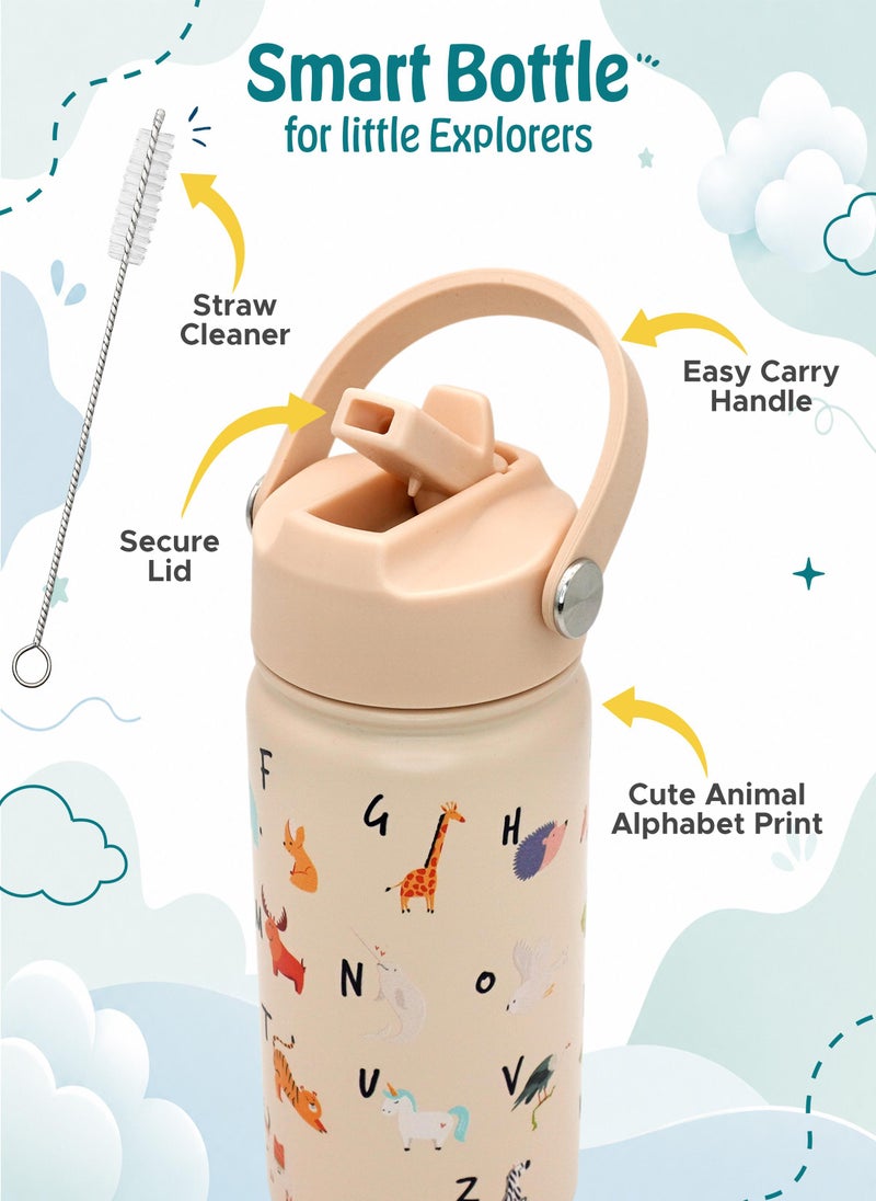 Babies Basic Kids Stainless Steel Water Bottle with Straw - 400ml – Double Wall Vacuum Insulated, Leakproof Thermal Flask, BPA-Free, Reusable Drinking Bottle for School & Travel - English Alphabets Themed - Beige - Image 4