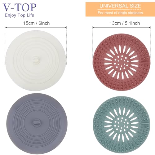V-TOP Shower Drain Hair Catcher Tub Stopper, V-TOP Drain Cover for Shower to Catcher Hair, Silicone Bathtub Drain Plug Suit for Bathroom Kitchen and Laundry, 4 Pack - Image 2