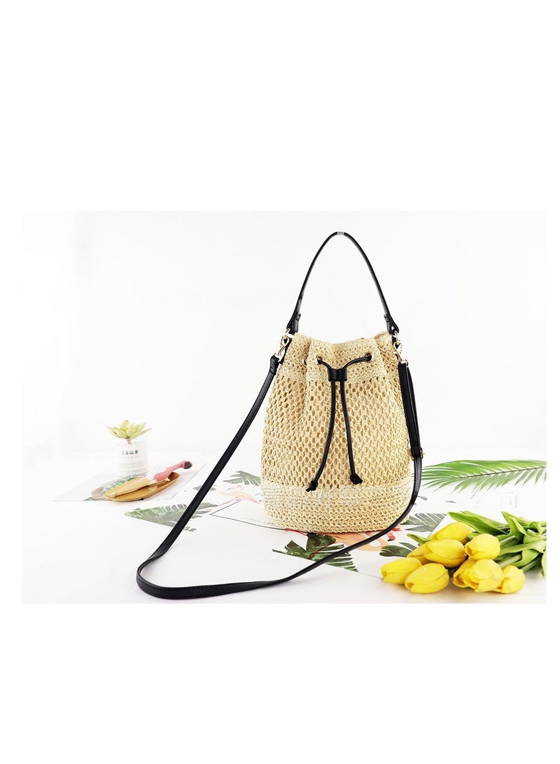 KASTWAVE Straw Bucket Bag for Women, Women's Shoulder Bag Summer Bag for Women, Rattan Bag Lady Beach Straw Bucket Bag Female Handmade Weaving Shoulder Bag Handbag Bohemian Purse for Vacation - Image 1