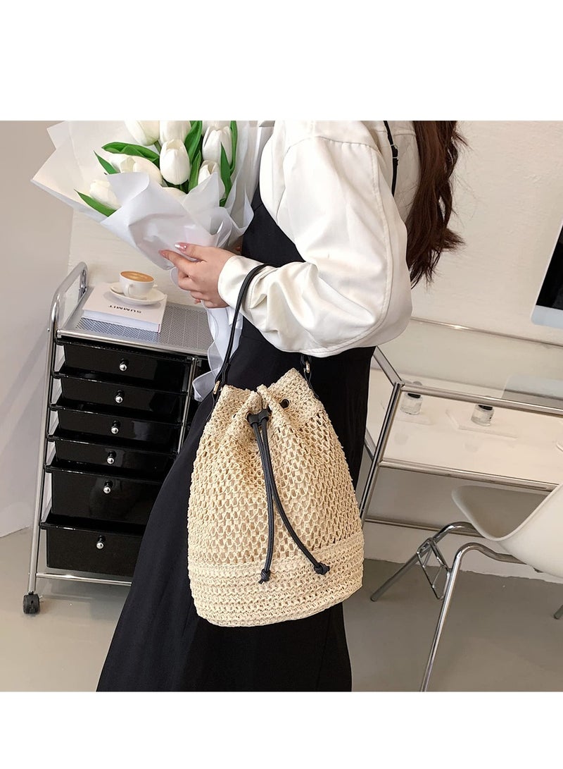 KASTWAVE Straw Bucket Bag for Women, Women's Shoulder Bag Summer Bag for Women, Rattan Bag Lady Beach Straw Bucket Bag Female Handmade Weaving Shoulder Bag Handbag Bohemian Purse for Vacation - Image 4