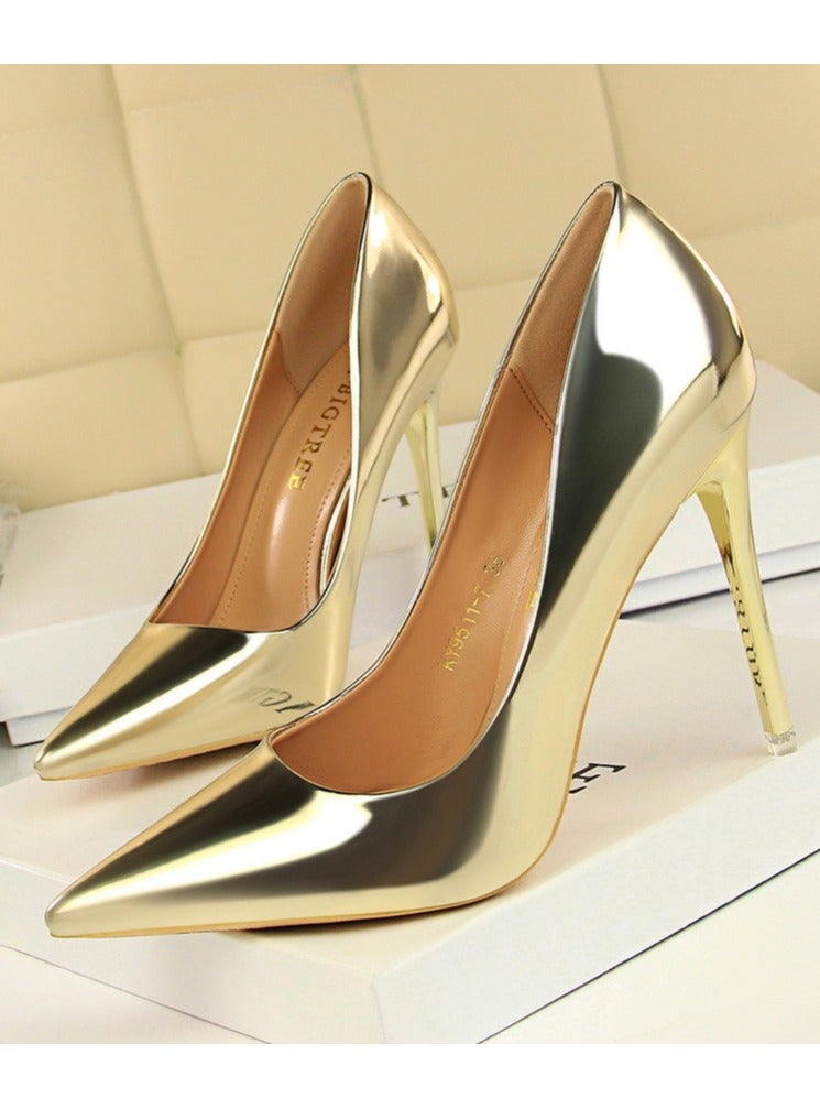 BIGTREE Women's Comfortable Shiny Stiletto Pumps 10.5cm Elegant Gorgeous Closed Pointed Toe Slip On Solid High Heels Gold - Image 1