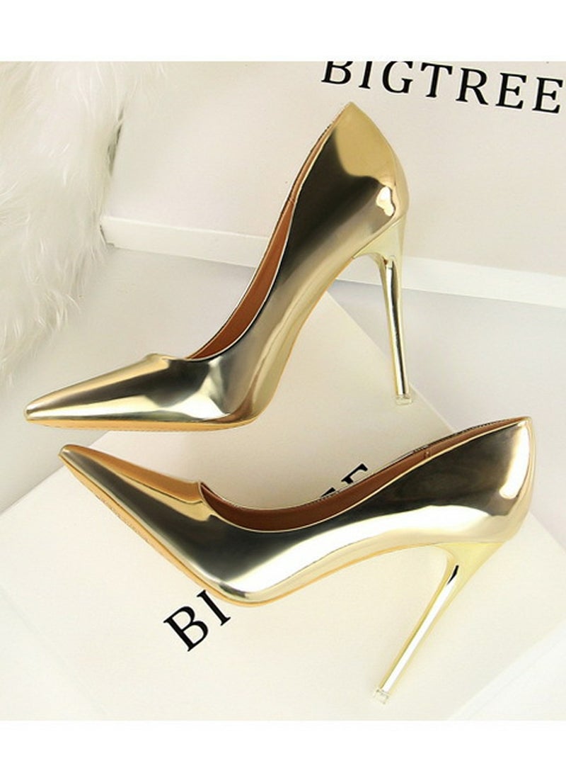 BIGTREE Women's Comfortable Shiny Stiletto Pumps 10.5cm Elegant Gorgeous Closed Pointed Toe Slip On Solid High Heels Gold - Image 2