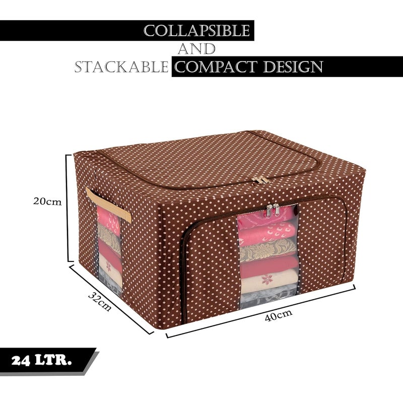 Urbane Home Urbane Home Pack of 5 Clothes Storage Box 24 Liter Wardrobe Organizer Waterproof Underbed Storage Box for Blankets Parachute Steel Frame Drawer Organizer Dot Print Brown  - Image 3