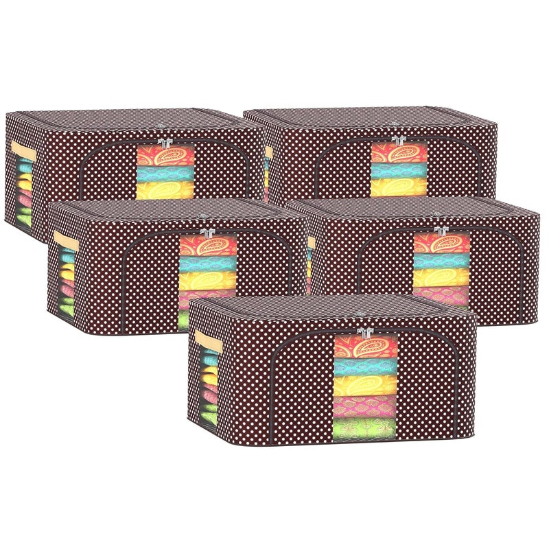 Urbane Home Urbane Home Pack of 5 Clothes Storage Box 24 Liter Wardrobe Organizer Waterproof Underbed Storage Box for Blankets Parachute Steel Frame Drawer Organizer Dot Print Brown  - Image 1