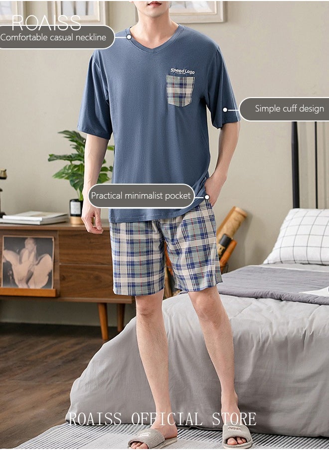roaiss - 2-Piece Pajama Set Men's Modal Short-Sleeved T-Shirt Short Pants Sets Grid Pattern Sleepwear Nightgown Male Loose Spring Summer Thin Loungewear Home Clothes Blue - Image 1