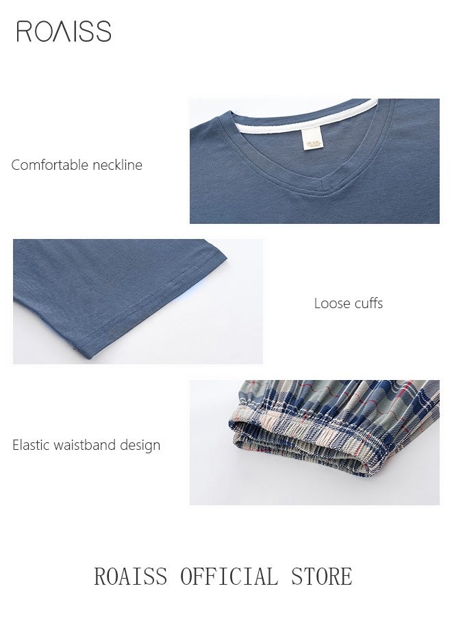 roaiss - 2-Piece Pajama Set Men's Modal Short-Sleeved T-Shirt Short Pants Sets Grid Pattern Sleepwear Nightgown Male Loose Spring Summer Thin Loungewear Home Clothes Blue - Image 1
