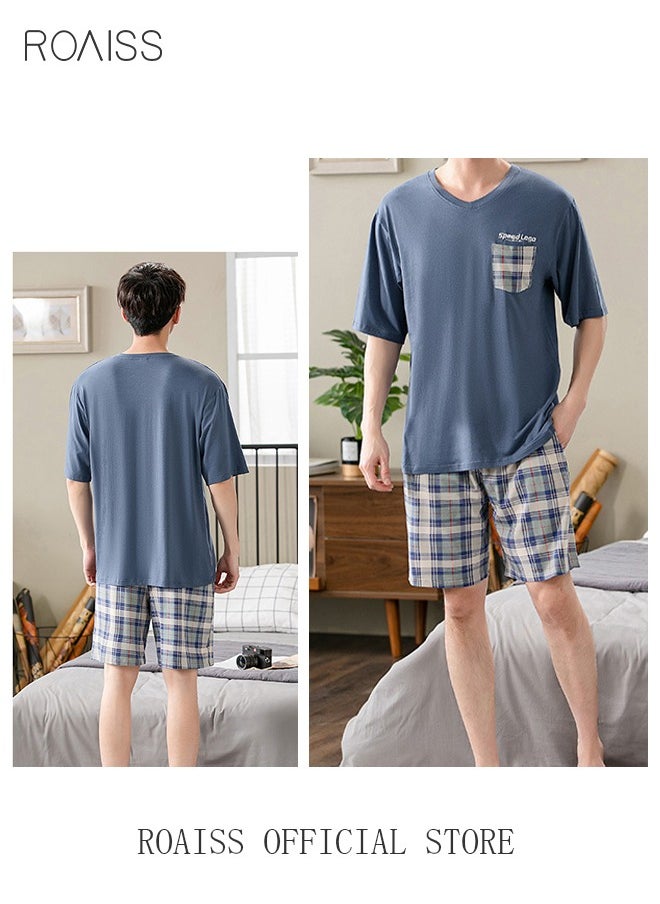 roaiss - 2-Piece Pajama Set Men's Modal Short-Sleeved T-Shirt Short Pants Sets Grid Pattern Sleepwear Nightgown Male Loose Spring Summer Thin Loungewear Home Clothes Blue - Image 1