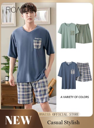 2-Piece Pajama Set Men's Modal Short-Sleeved T-Shirt Short Pants Sets Grid Pattern Sleepwear Nightgown Male Loose Spring Summer Thin Loungewear Home Clothes Blue - pzsku/Z49F8F8A835981A1A45ADZ/45/_/1729044576/8a7a7e92-48e4-4be5-bdb5-e23cd8a576bb