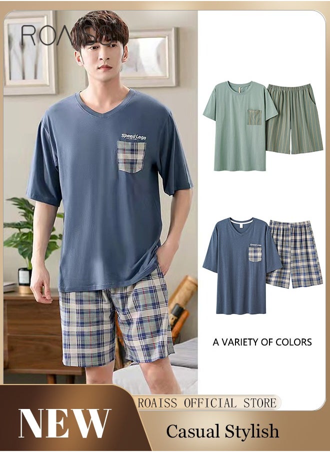 roaiss - 2-Piece Pajama Set Men's Modal Short-Sleeved T-Shirt Short Pants Sets Grid Pattern Sleepwear Nightgown Male Loose Spring Summer Thin Loungewear Home Clothes Blue - Image 1