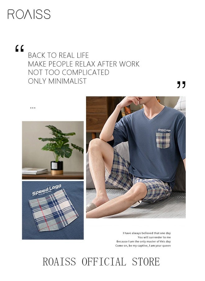 roaiss - 2-Piece Pajama Set Men's Modal Short-Sleeved T-Shirt Short Pants Sets Grid Pattern Sleepwear Nightgown Male Loose Spring Summer Thin Loungewear Home Clothes Blue - Image 1