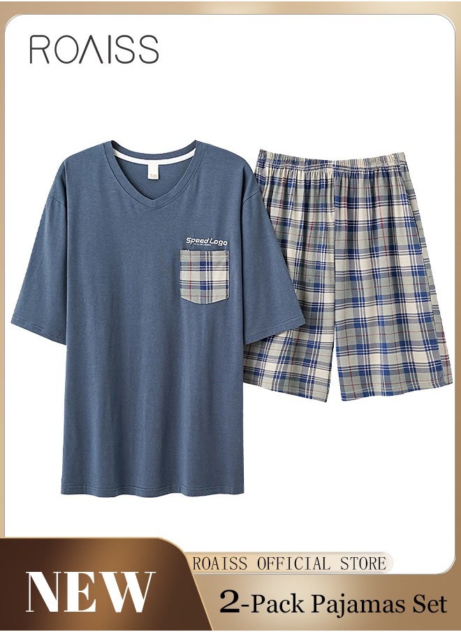 roaiss - 2-Piece Pajama Set Men's Modal Short-Sleeved T-Shirt Short Pants Sets Grid Pattern Sleepwear Nightgown Male Loose Spring Summer Thin Loungewear Home Clothes Blue - Image 1
